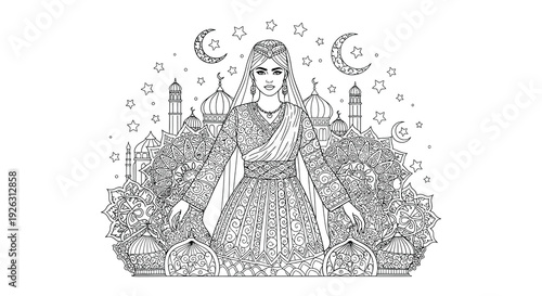 Intricate drawing of a woman with crescent moons stars and a mosque