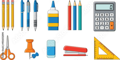 School Supplies Icon Set Featuring Pencils, Pens, Colored Pencils, Calculator, Scissors, Glue, Eraser, Stapler, and Ruler for Education Design