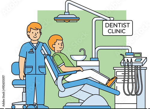 A colorful illustration depicts a dentist examining a patient in a clinic setting ideal for design use on transparent background silhouette