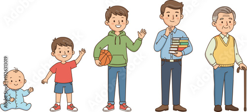Stages of Life Illustration Set: Male Characters Showing Growth from Infancy and Childhood to Adulthood and Senior Age
