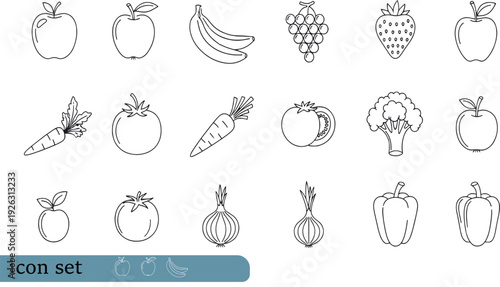 Print Minimalist Fresh Fruits and Vegetables Line Icon Set Featuring Organic Produce Like Apples Bananas Grapes Tomatoes and Garden Greens