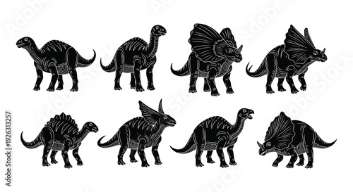 Black silhouettes of various dinosaur species arranged in a linear pattern