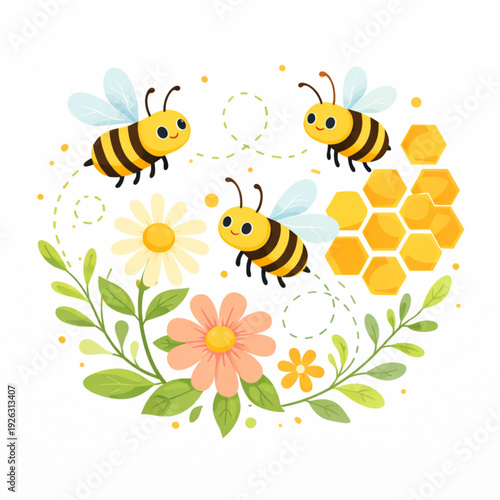 A delightful vector illustration featuring three cheerful honeybees flying around blooming flowers and a golden honeycomb. The artwork uses a soft color palette to depict the essential role of bees 