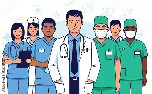 A diverse group of healthcare professionals including doctors and nurses standing together on transparent background silhouette high quality professional detailed modern