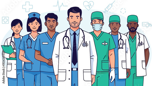 A diverse group of healthcare professionals illustrated in a modern style perfect for medical themes on transparent background silhouette high quality
