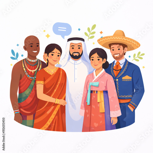 A heartwarming flat-style illustration showcasing global diversity through a group of people in traditional attire. It features individuals in African tribal wear, Indian Saree, Arab Thobe, Korean 