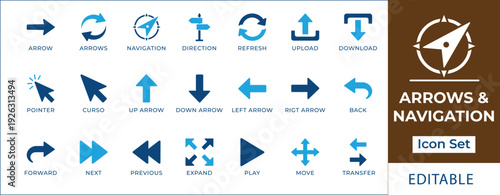 Arrows and navigation icon set featuring directional pointers, web cursors, upload and download symbols, refresh, playback controls, and interface movement signs.