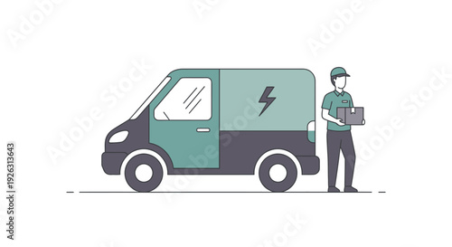 Electric delivery van and courier with box, symbolizing eco-conscious logistics and sustainable shipping.