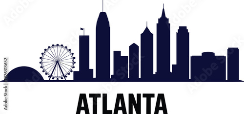 Atlanta skyline silhouette illustration with Ferris wheel, dome structure, tall skyscrapers, urban architecture, modern cityscape, Georgia landmark, metropolitan desigbackground.