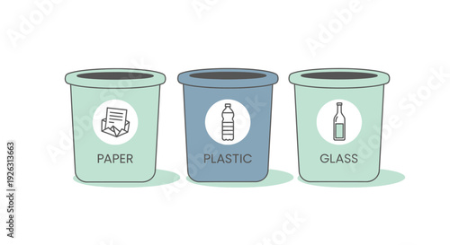 Three Distinct Recycling Bins for Sorting Paper, Plastic, and Glass Waste, Highlighting Eco-Friendly Waste Management