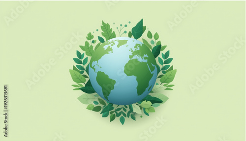 A minimalist and artistic illustration of planet Earth cradled by a lush wreath of vibrant green leaves. The soft pastel background emphasizes a clean, eco-friendly theme, symbolizing environmental 