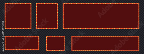 Retro movie theater marquee sign and light bulb frame set. Vintage red billboard banners with glowing lamps for cinema and stage performance. Vector Illustration.
