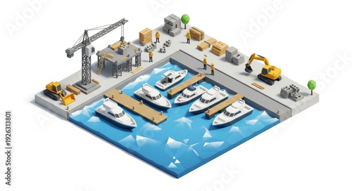 Isometric Marina with Boats and Construction.