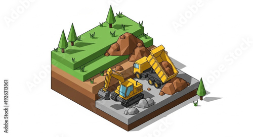 Isometric Mining Site with Heavy Machinery.