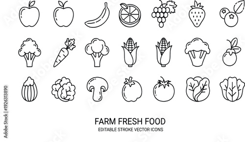 Print Farm Fresh Food Icon Set Featuring Organic Fruits and Vegetables with Editable Stroke Vector Graphics