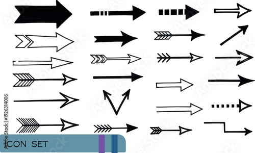 Print Hand-Drawn Bold and Outline Arrow Icon Set Featuring Decorative Sketched Pointers Directional Doodles and Creative Navigation Symbols