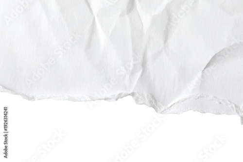 White crumpled paper texture with torn edge.Ripped white paper with shadow on white background.Blank white sheet of paper with jagged edges.