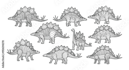 Intricate black and white pattern featuring multiple stegosaurus dinosaurs
