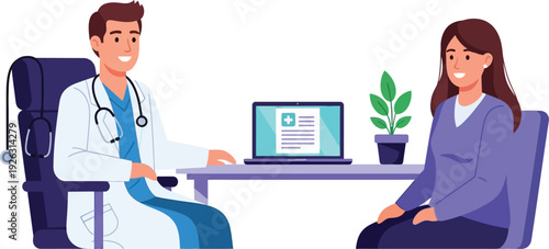 A doctor consulting with a female patient at a desk with a laptop showcasing a modern healthcare scene on transparent background silhouette