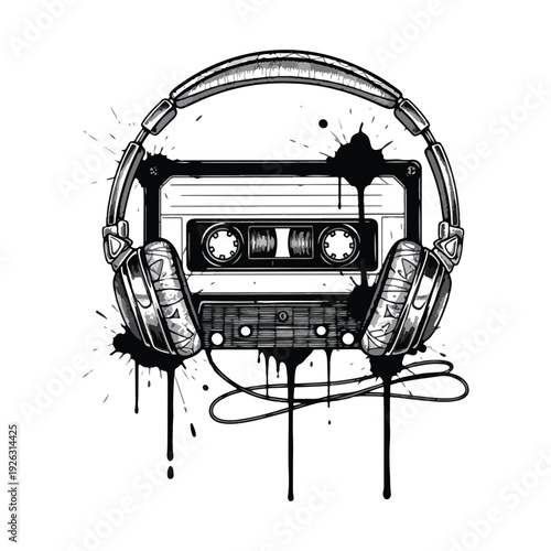 Retro audio cassette tape isolated on white background with vintage music and analogue sound style vector illustration t shirt design.
