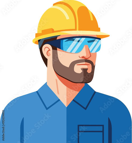 A vector illustration of a construction worker wearing a yellow helmet and sunglasses on transparent background silhouette high quality professional detailed