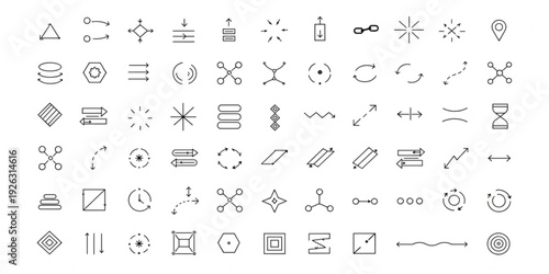 Set of assorted line icons representing abstract shapes, directional pointers, and functional symbols on a white background