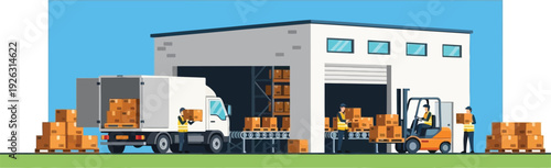 An illustrative depiction of a warehouse with a delivery truck forklift and workers on transparent background silhouette high quality professional detailed