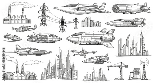 Futuristic transportation and cityscapes, a detailed sketch of advanced technology.