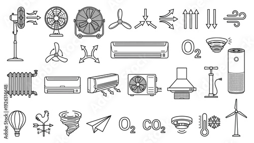 HVAC and Ventilation Line Icons Set – Heating, Air Conditioning, Climate Control Outline Vector Collection