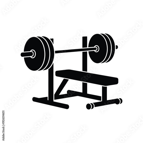 Black and white illustration of a weight bench with barbell