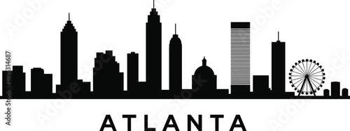 Atlanta Georgia City Skyline Silhouette Vector Illustration Icon with Famous Landmarks Including Bank of America Plaza Westin Peachtree Plaza and SkyView Ferris Wheel