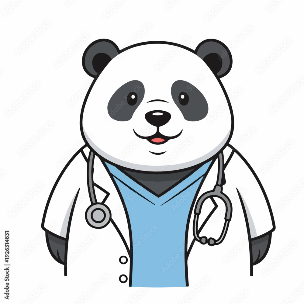 Obraz premium Panda doctor character wearing a white lab coat and stethoscope portrays professional and friendly medical consultation services in an endearing.