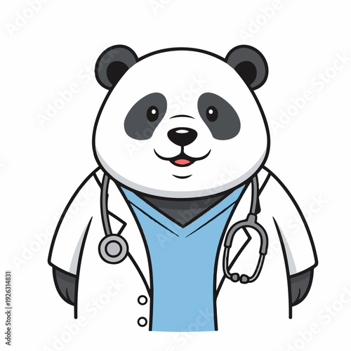 Panda doctor character wearing a white lab coat and stethoscope portrays professional and friendly medical consultation services in an endearing.