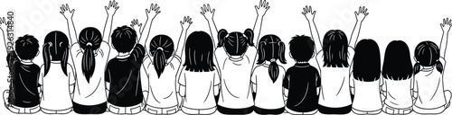 Group of School Children Raising Hands Illustration, Black and White Back View Kids Sitting Together Education Concept