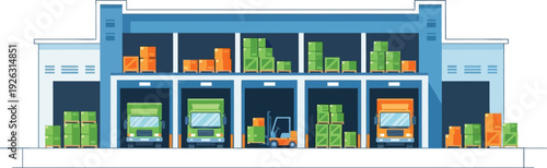 A colorful flat vector illustration of a warehouse with loading docks and trucks on transparent background silhouette high quality professional detailed