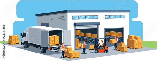A colorful illustration of a warehouse with a delivery truck workers and forklifts on transparent background silhouette high quality professional detailed