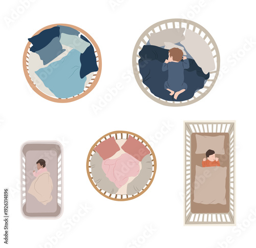 Baby Crib Top View Vector Set, Nursery Furniture Collection, different style