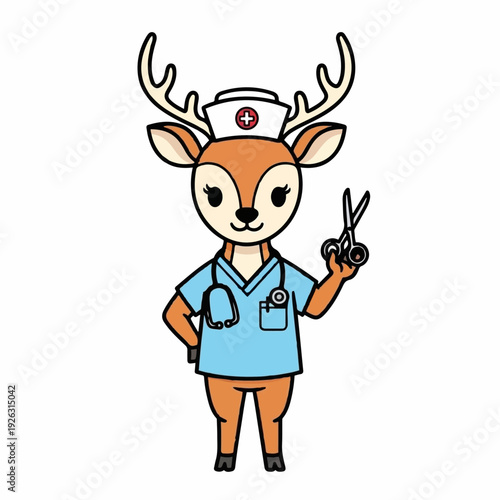 Cute cartoon deer dressed as a nurse wearing scrubs and holding surgical scissors stands ready for medical duties.