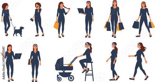 Modern Woman Lifestyle Character Set with Shopping Walking Working Using Laptop and Baby Stroller Flat Vector Illustration.
