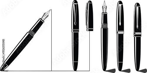 Luxury Fountain Pen Set Black and White Vector Illustration with Different Angles and Nib Detail for Writing Design Concept
