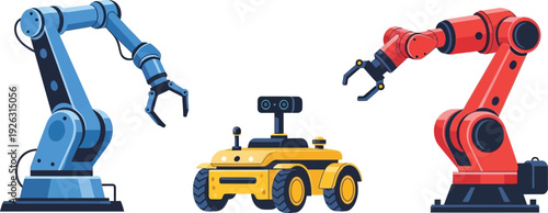 A colorful illustration of robotic arms and a wheeled robot ideal for technological themes on transparent background silhouette high quality professional