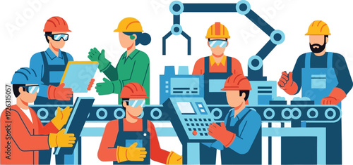 A group of workers collaborating with robotic arms on a factory line showcasing modern industry on transparent background silhouette high quality