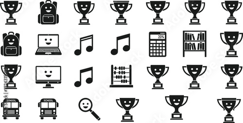 School Education Icon Set with Trophy, Backpack, Laptop, Music Notes and Calculator Silhouettes on White Background