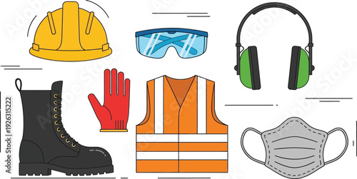A colorful collection of construction safety gear including a helmet goggles and vest on transparent background silhouette high quality professional detailed