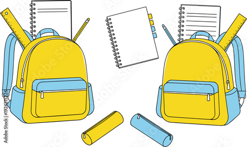 Yellow School Backpack with Notebooks and Stationery Supplies Vector Illustration Set, Back to School Education Concept Design