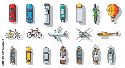 Collection of various transportation vehicles from a top-down perspective, isolated on white.