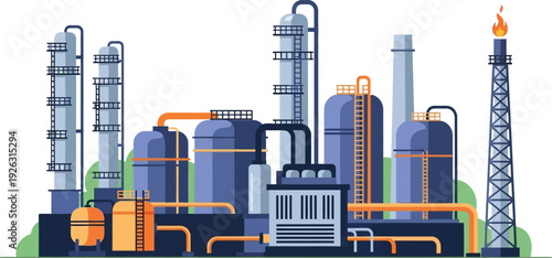 A colorful illustration depicts an industrial complex with smokestacks pipes and flames on transparent background silhouette high quality professional detailed modern