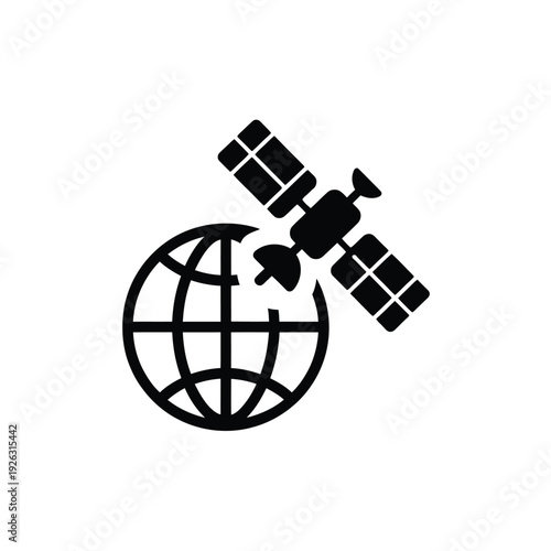 A simple black glyph depicting a satellite orbiting planet earth
