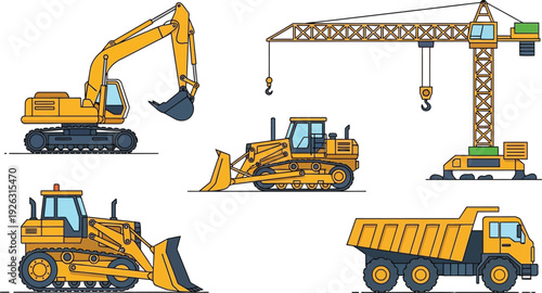 Construction vehicles including a crane excavator bulldozer and dump truck presented as a colorful silhouette on transparent background high quality professional