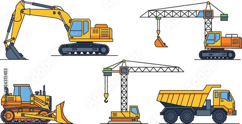 A colorful illustration depicting various construction vehicles including a digger cranes bulldozer and dump truck on transparent background silhouette high quality